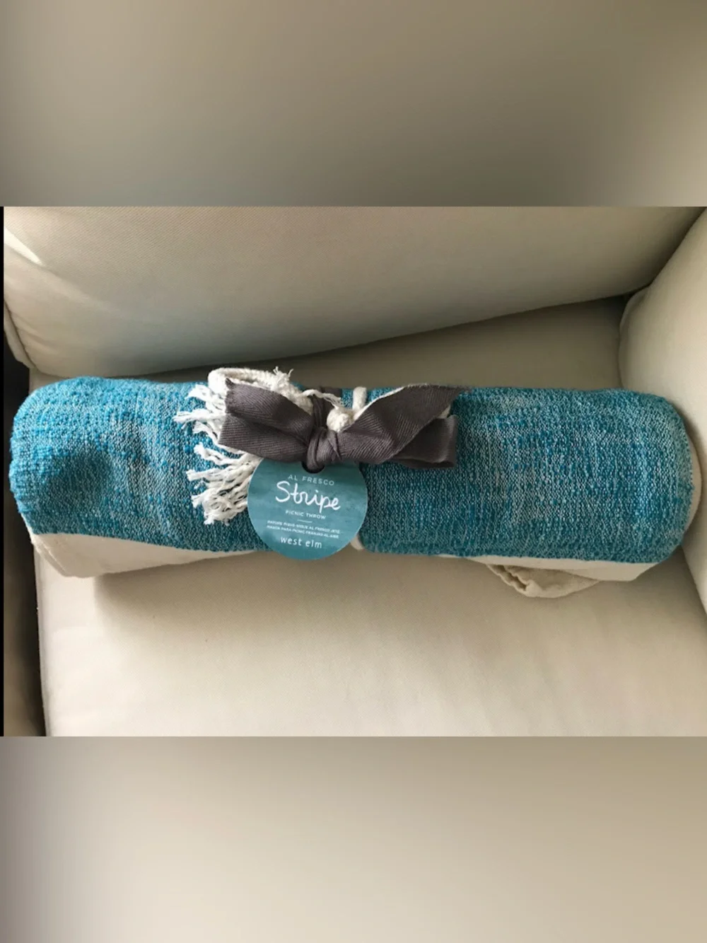 NWT West Elm Al Fresco Teal and White Striped Pinic Show 100 % cotton